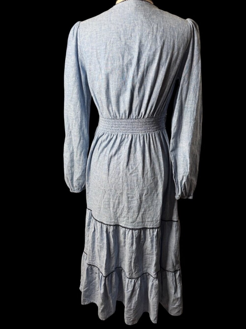 Boden Violet Trim Linen Tiered Maxi Dress Embroidered Size 6 western Boho chic - Picture 2 of 12